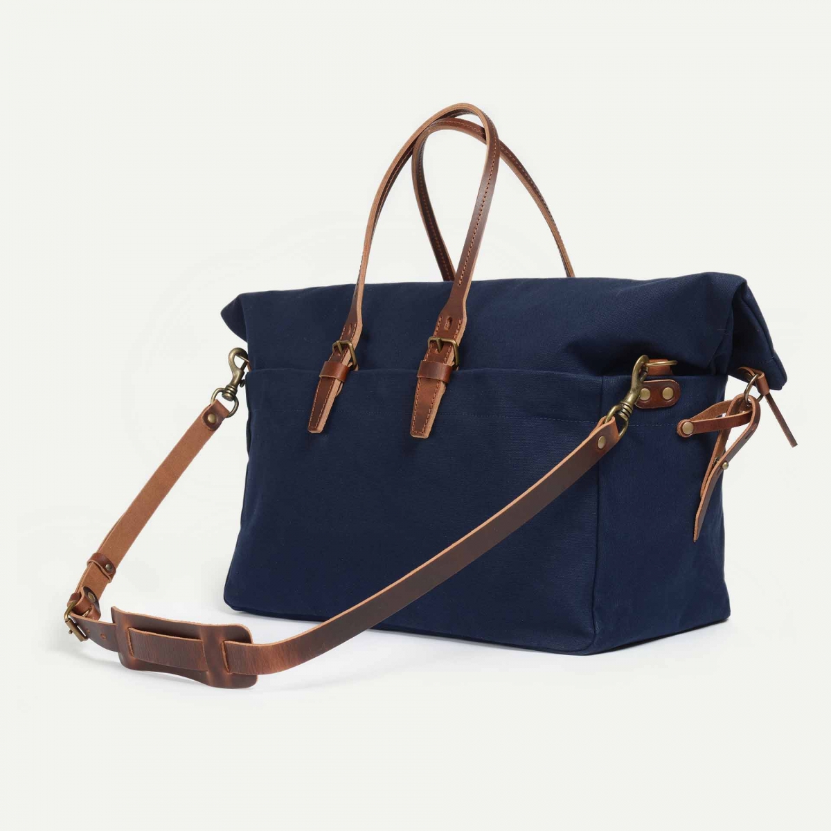 leather travel bag in blue